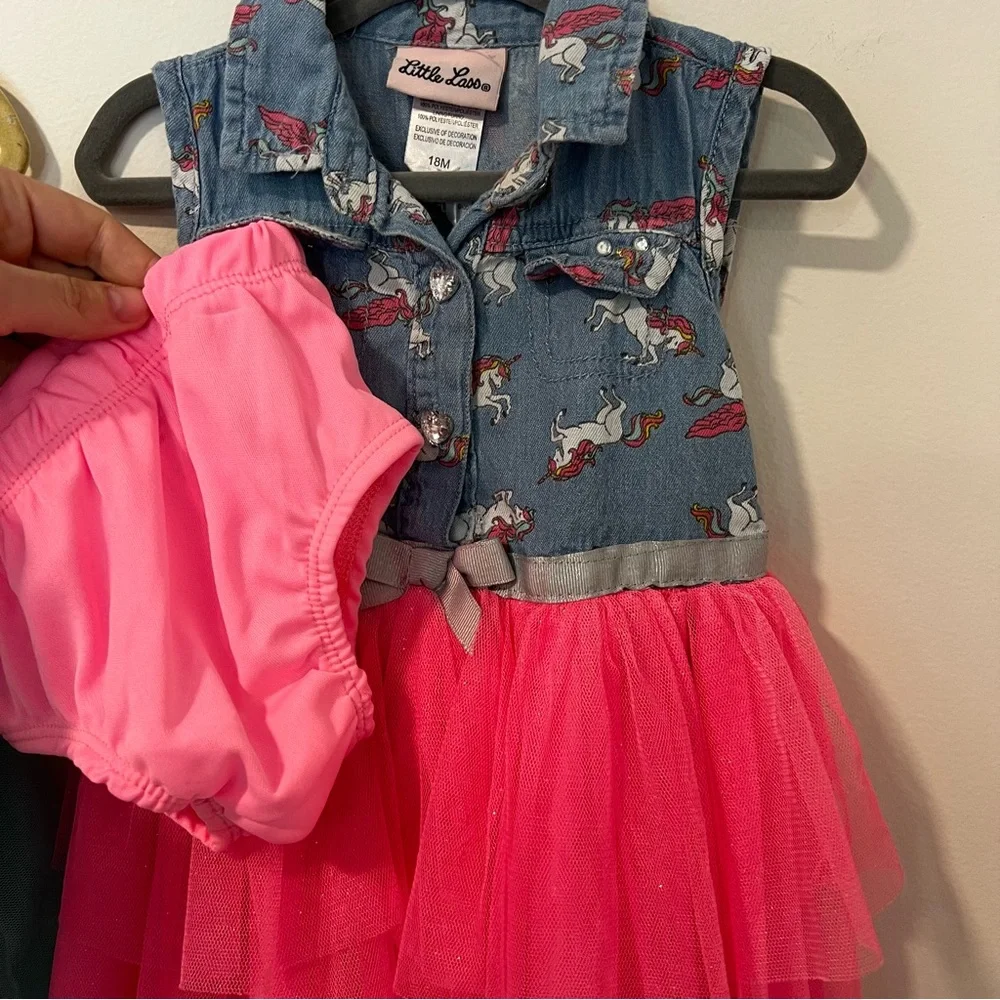 Little lass denim unicorn & tie dye tutu dress combo
